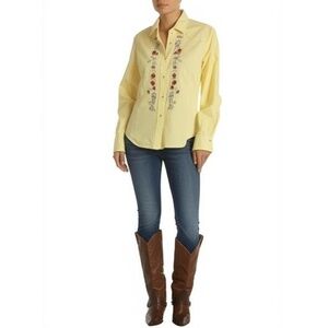 ROUGHRIDER Womens L Yellow Western Embroidered Button Up Shirt Floral